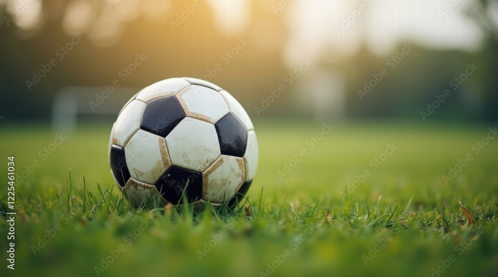 Close-up of a soccer ball resting on a grassy field Close-up of a soccer ball resting on a grassy field