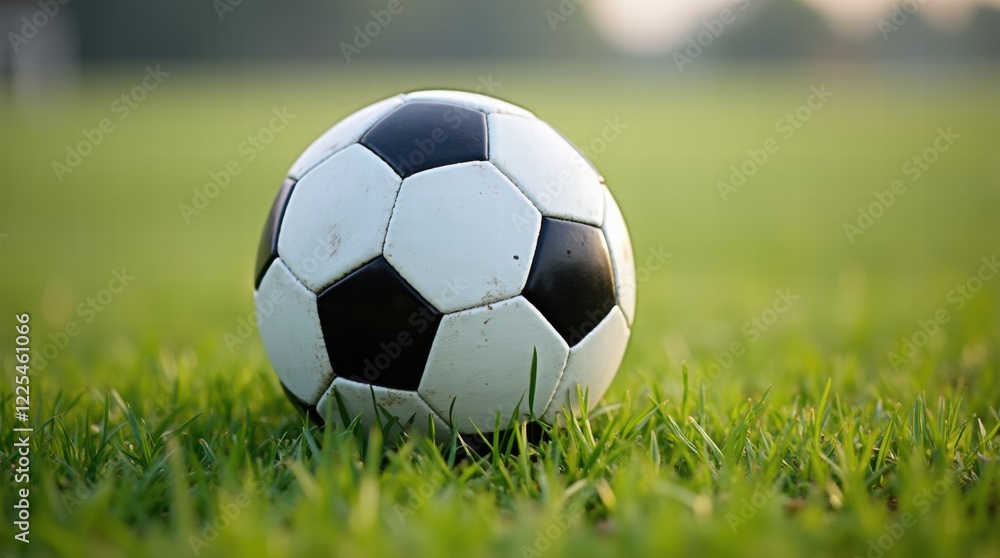 Fototapeta premium Close-up of a soccer ball resting on a grassy field