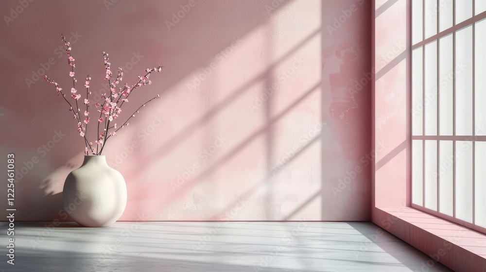 Pink studio backdrop for product showcasing in gray room with window shadows. Blurred background to present products. Pink studio backdrop for product showcasing in gray room with window shadows. Blurred background to present products.