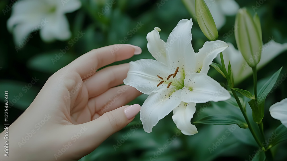 Delicate Hand Gently Touching a White Lily Flower in a Beautiful Green Garden Setting Delicate Hand Gently Touching a White Lily Flower in a Beautiful Green Garden Setting