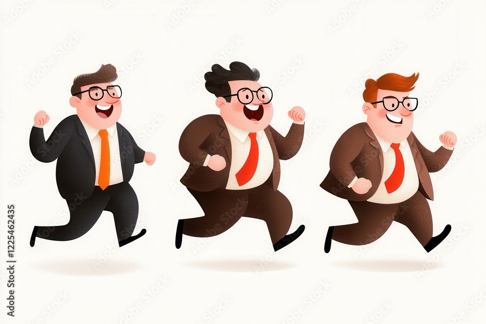 Fototapeta premium Playful cartoon illustration of three happy businessmen running in suits.