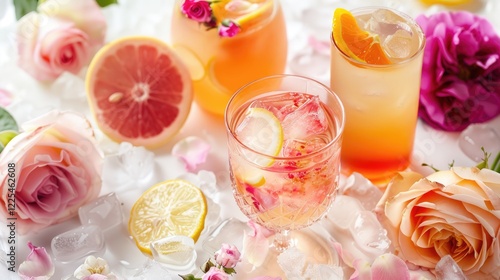 Rose cocktails and lemonade with flowers on white background. Close up. photo