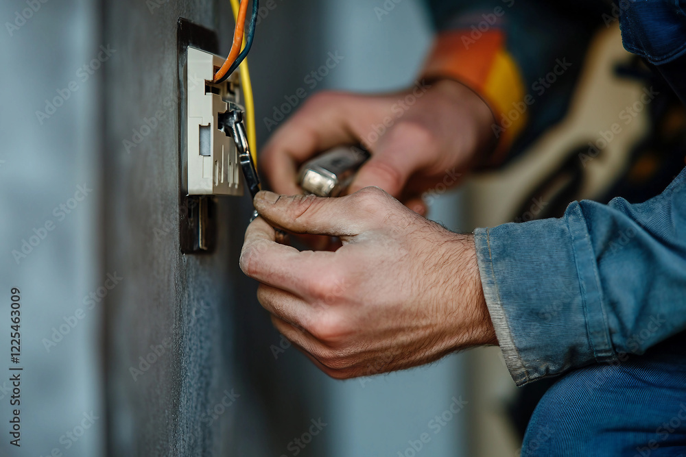 Fototapeta premium Focused Electrician in Hard Hat Working with Wiring in Industrial Setting, Generative AI
