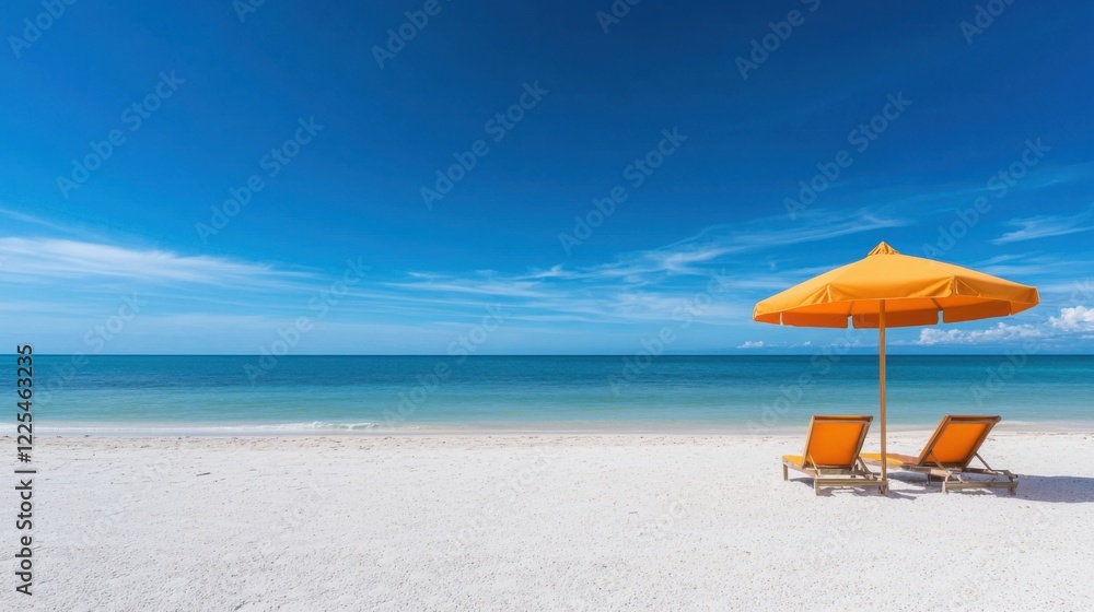 A serene beach scene featuring an orange umbrella and lounge chairs on white sand, under a vibrant blue sky and calm turquoise waters. A serene beach scene featuring an orange umbrella and lounge chairs on white sand, under a vibrant blue sky and calm turquoise waters.