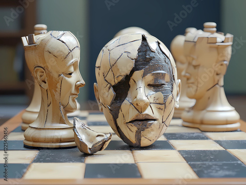 A chessboard with white and black pieces, one piece is broken in half on the side of it. The focus should be on that broken piece. It's made of wood and has a simple design.  photo