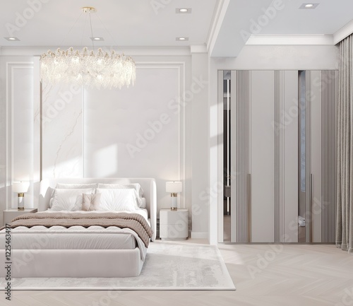 Serenity in Sophistication A modern bedroom unfolds in soft hues, where elegance meets comfort under the glow of a lavish chandelier and the minimalistic charm of sleek furnishings.