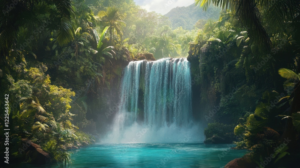 Waterfall flows into a pool in a lush jungle, sun shines through trees, for travel Waterfall flows into a pool in a lush jungle, sun shines through trees, for travel