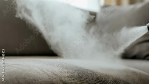 Steam cleaning upholstery to refresh and sanitize a couch at home during the day