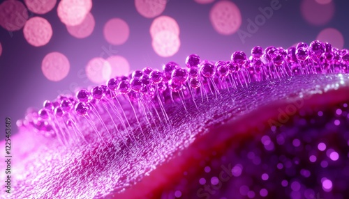 A vibrant representation of hair follicles absorbing nutrients, with glowing particles traveling through the dermis and epidermis layers. photo