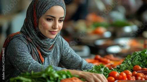 Woman in hijab selecting fresh produce at market photo