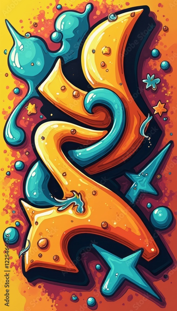 Obraz premium This eye-catching graffiti piece features bold orange and turquoise shapes swirling together against a bright yellow backdrop. The playful design, adorned with stars and droplets, radiates energy and