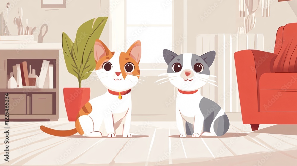 Fototapeta premium Adorable Cat and Dog Mascots at Home | Charming Pet Animals Playing Together Indoors