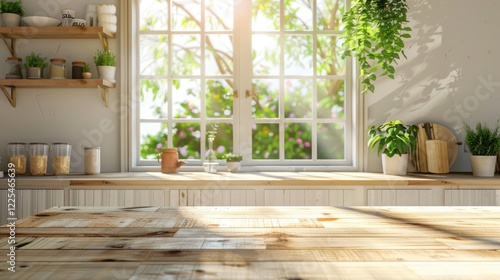 Sunny day kitchen with wooden table background and empty space for decorating.