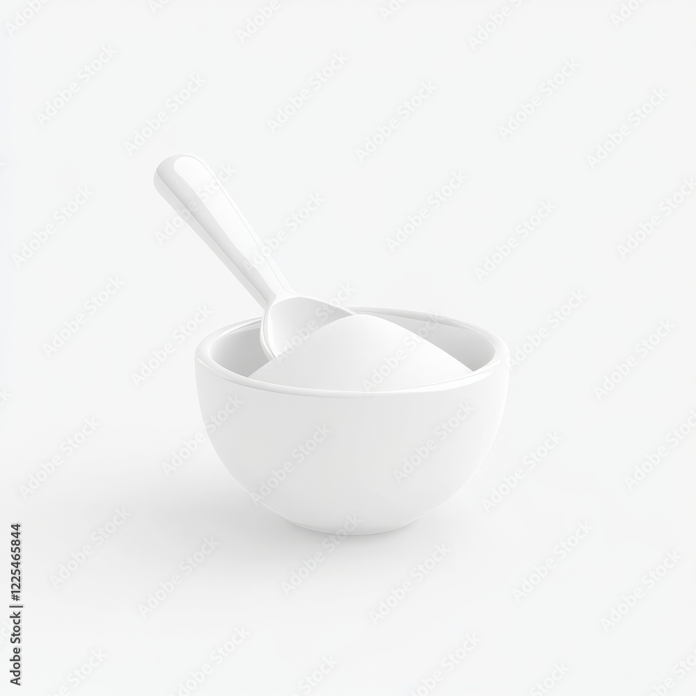 A simple white bowl filled with sugar, accompanied by a matching scoop, set against a clean, minimalistic background. A simple white bowl filled with sugar, accompanied by a matching scoop, set against a clean, minimalistic background.