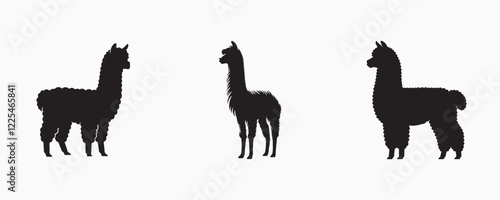 Set of three black alpaca silhouettes in various poses on a light gray background, perfect for logos, prints, and design elements.