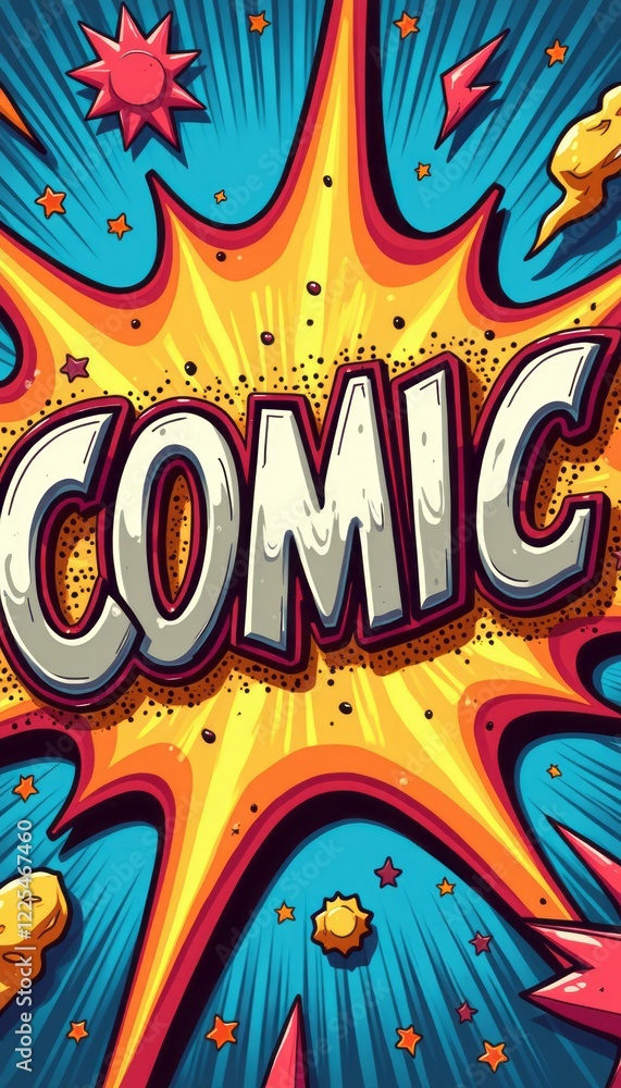 Fototapeta premium A vibrant explosion of colors bursts forth, featuring the word COMIC in striking, oversized letters. This eye-catching design, filled with stars and cosmic elements, captures the essence of comic book
