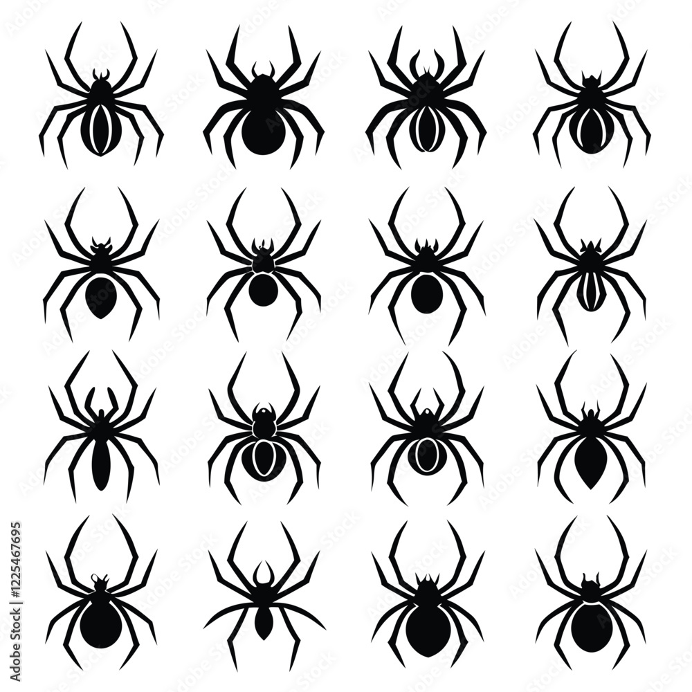 Arachnophobia Alert - Set of 25 Spider Stock Vector Silhouettes for Halloween Design on a white background Arachnophobia Alert - Set of 25 Spider Stock Vector Silhouettes for Halloween Design on a white background
