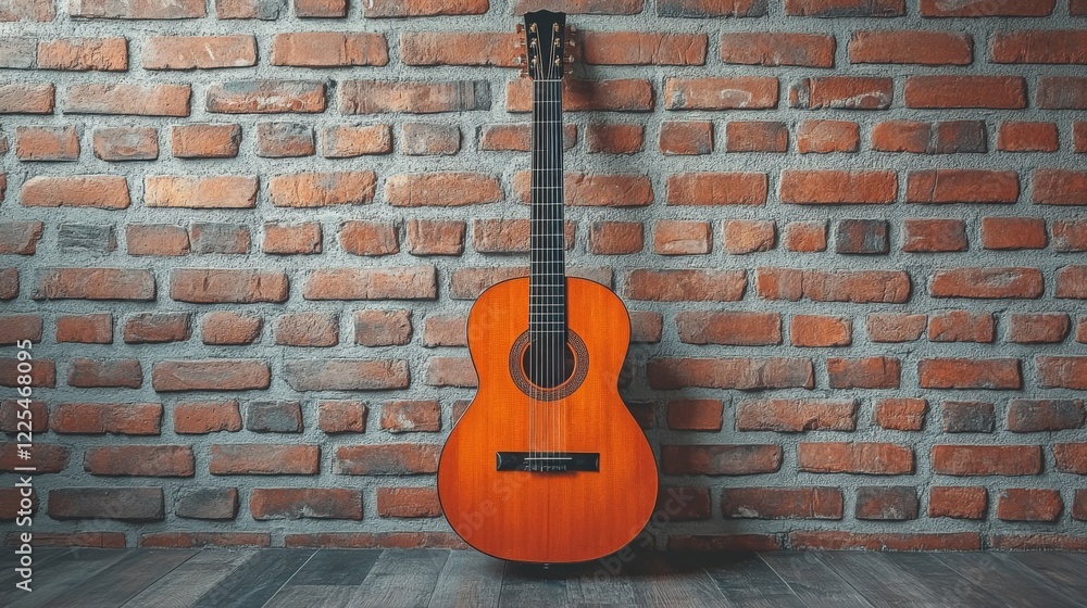 Acoustic Guitar Against Rustic Brick Wall Acoustic Guitar Against Rustic Brick Wall