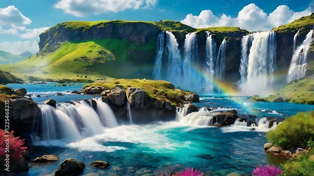Fototapeta premium Serene Waterfall Cascading Through Lush Valley, Lush Rainforest Paradise. A vibrant and lush rainforest scene featuring a cascading waterfall, 