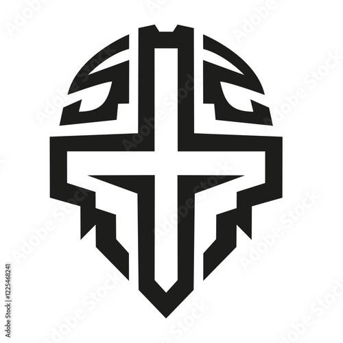 Guardian Cross – a monochrome shield-shaped logo with a central cross and a helmet at the top, symbolizing strength, protection, and minimalist rigor