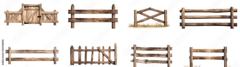Obraz premium Collection Of Rustic Wooden Fence Sections And Gate