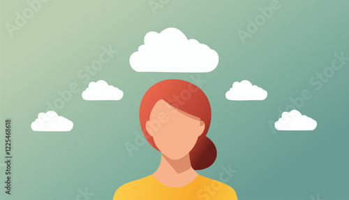 A man flies in the clouds, a girl's head is immersed in a white cloud with her thoughts.
