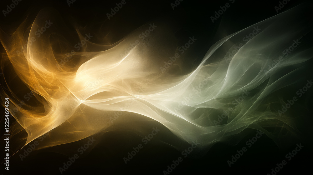 Obraz premium Abstract Smoke Swirls: An ethereal dance of smoke, swirling in shades of gold, white, and green against a deep black backdrop. The image evokes a sense of mystery and fluidity.