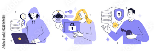 Database security, cyber crime, phishing set. Characters use artificial intelligence technology for data protection, cybersecurity, privacy. Secure network outline concept. Vector illustration.