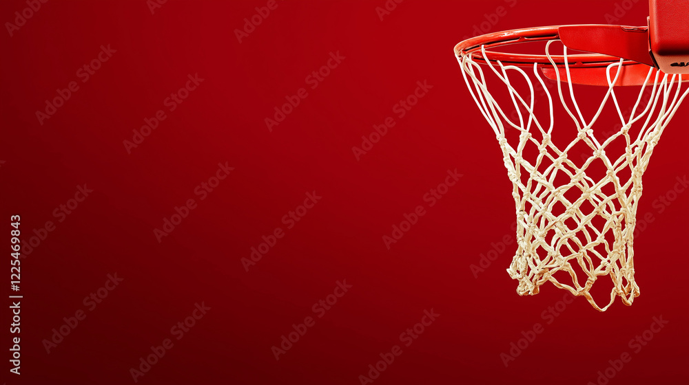 Basketball Hoop on Red: Close-up view of a basketball hoop and net against a vibrant red background, perfect for sports themes, creating a sense of anticipation and excitement. Basketball Hoop on Red: Close-up view of a basketball hoop and net against a vibrant red background, perfect for sports themes, creating a sense of anticipation and excitement.