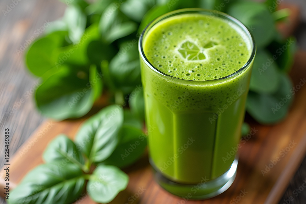 A vibrant green juice with fresh spinach on a wooden board, symbolizing health and vitality A vibrant green juice with fresh spinach on a wooden board, symbolizing health and vitality