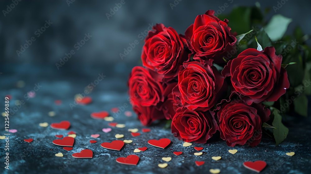 A bouquet of red roses with heart-shaped confetti scattered around A bouquet of red roses with heart-shaped confetti scattered around