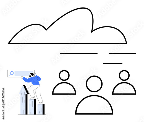 Person using a search bar atop upward arrows toward a cloud with user icons below. Ideal for cloud computing, teamwork, technology, data access, innovation, collaboration, abstract line flat metaphor