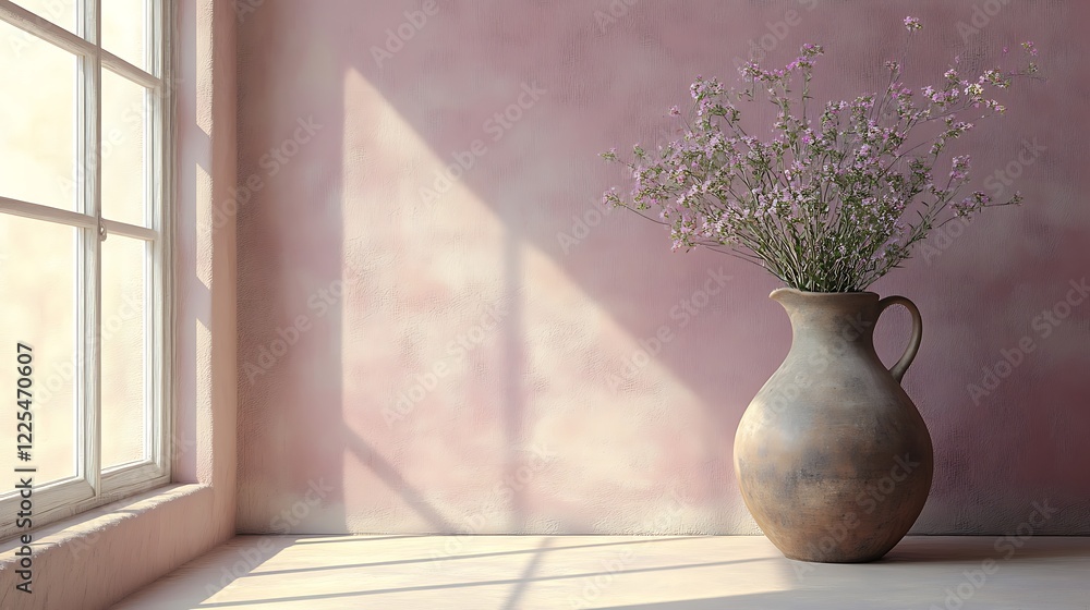 Pink flowers in a rustic vase near a window Pink flowers in a rustic vase near a window
