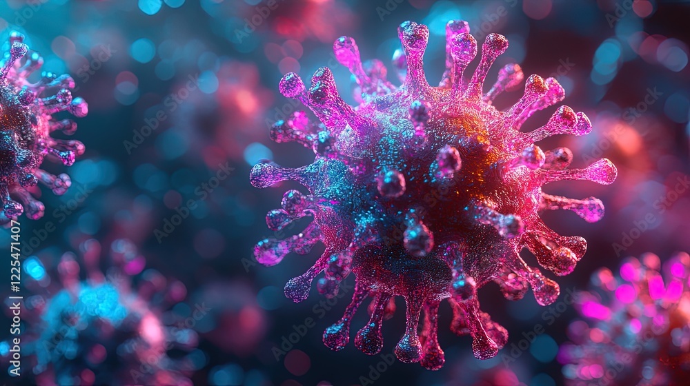 Close-up of a holographic virus spreading through code, neon colors, digital matrix background Close-up of a holographic virus spreading through code, neon colors, digital matrix background