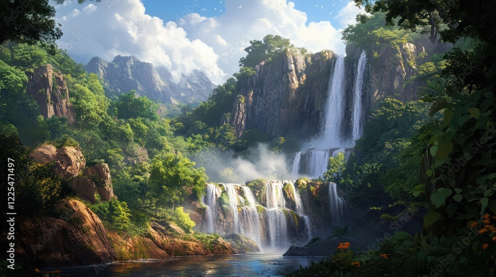 Fototapeta premium Waterfall cascade in lush forest with mountains in background for nature scenes