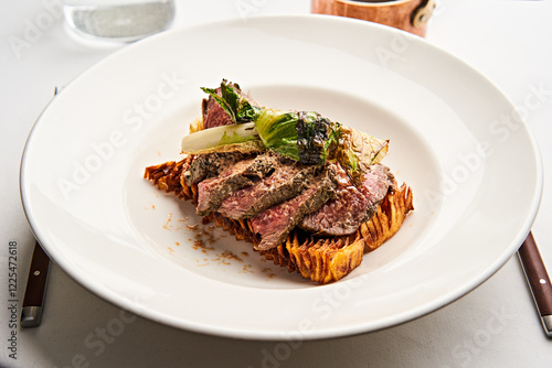 Succulent grilled steak slices rest on a toasted bread base, complemented by charred greens and garnishes, all arranged elegantly on a white plate photo