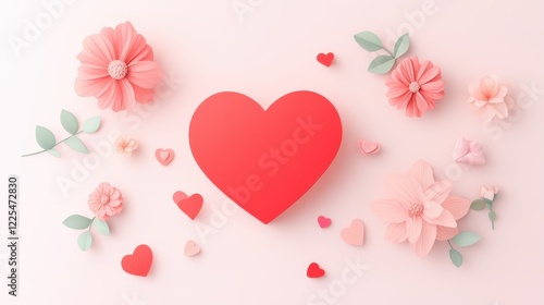 A vibrant red heart surrounded by delicate pink flowers and smaller hearts, creating a romantic and cheerful atmosphere.