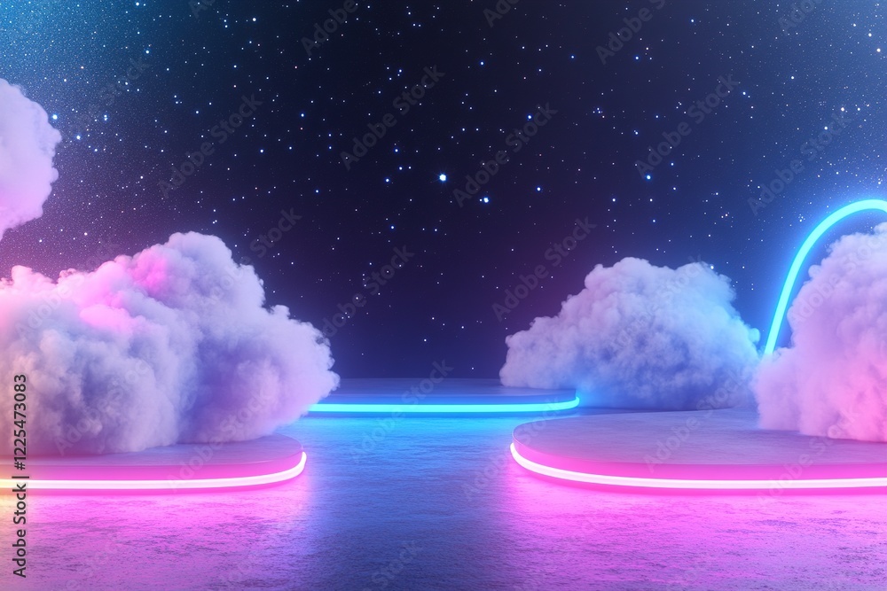 Fototapeta premium Lively dance floor illuminated by neon colors creates a cosmic atmosphere. Cloud-like structures enhance the fun, inviting attendees to dance the night away