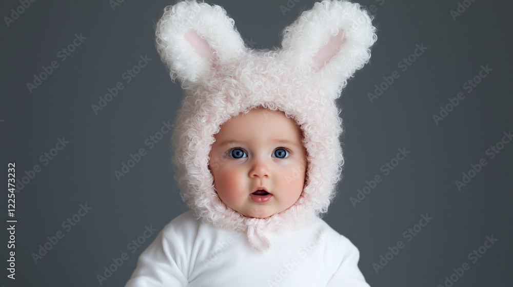 Adorable Bunny Baby: A precious baby girl with big, curious eyes wears an enchanting pink bunny hat, her expression a captivating blend of wonder and innocence.  