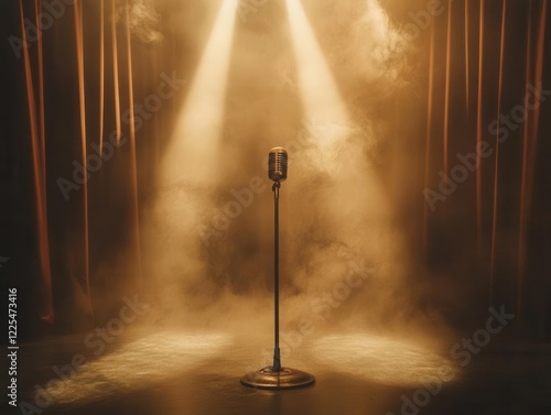 ethereal fog-filled theater stage with single vintage microphone illuminated by crossing beams of golden light, velvet curtains barely visible in shadows, atmospheric and anticipatory mood photo