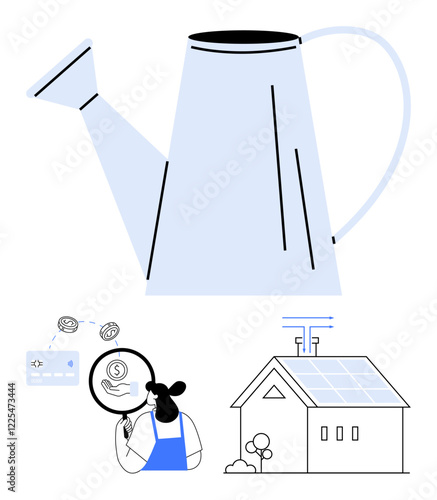 Watering can, figure holding magnifying glass with dollar sign, and house with solar panels. Ideal for sustainability, renewable energy, digital finance, environmental conservation, eco-friendly