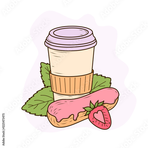 A paper takeaway coffee cup with a lavender lid and orange sleeve, next to it an eclair with pink icing and fresh strawberries. The composition is complemented by green mint leaves and a soft purple