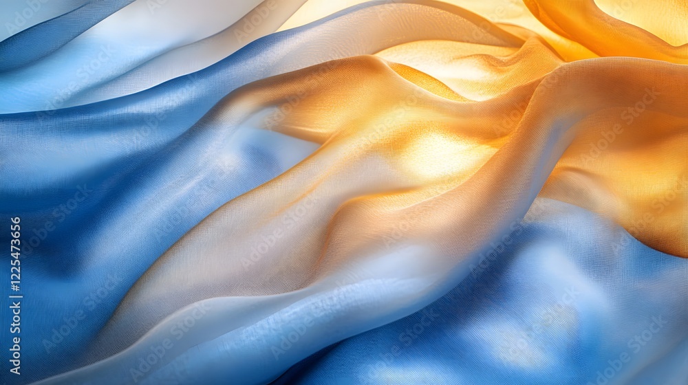 Fototapeta premium Flowing Fabric in Soft Blue and Golden Tones under Natural Light