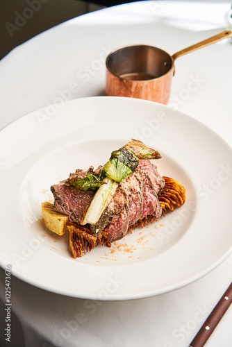 A beautifully presented gourmet dish of tender meat accompanied by roasted vegetables and sauce, served on a fine white plate in a sophisticated dining atmosphere