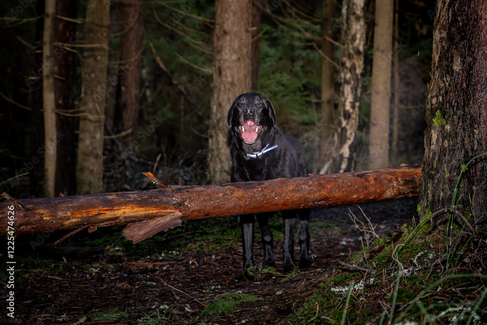 Black Labrador in a Dark Forest Behind a Fallen Tree - Adventure and Exploration Black Labrador in a Dark Forest Behind a Fallen Tree - Adventure and Exploration