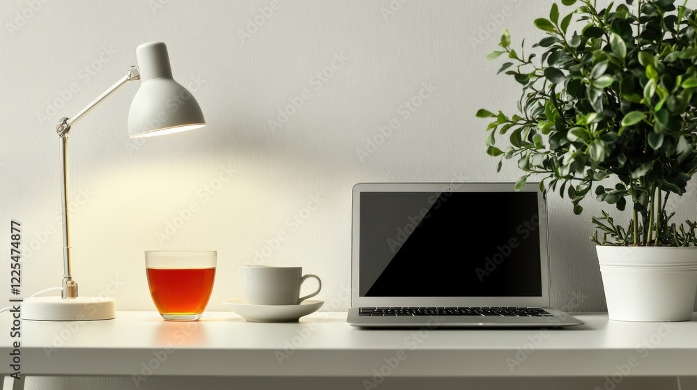 Fototapeta premium Cozy Workspace with Laptop, Tea, and Greenery