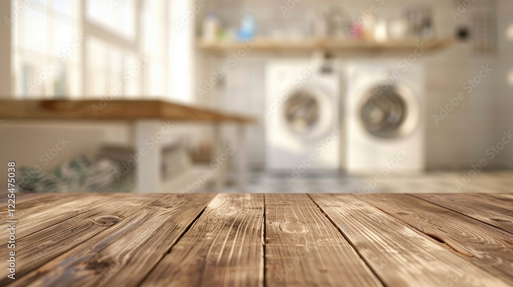 Blurred laundry room with washing machine and vacant wooden table Blurred laundry room with washing machine and vacant wooden table