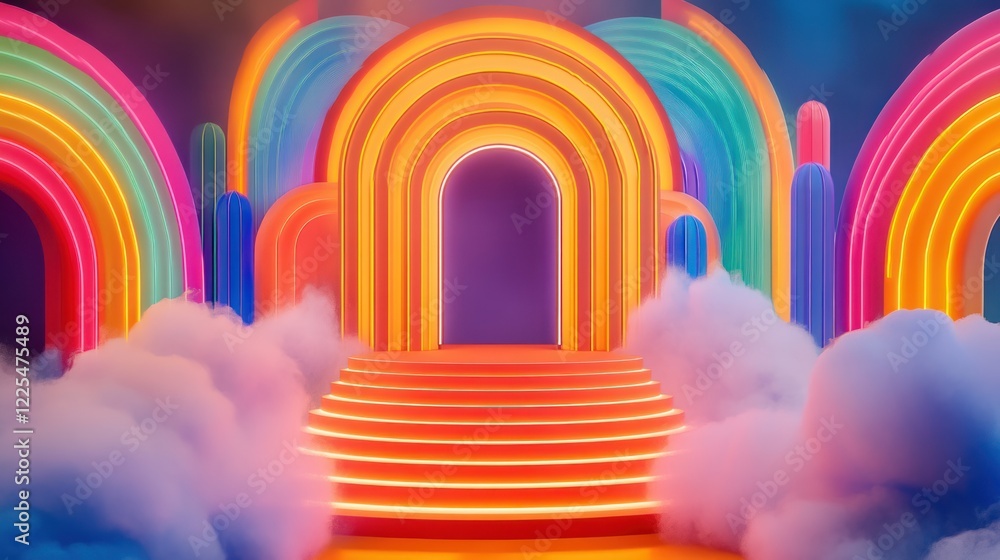 Obraz premium Vibrant Rainbow Archway Stage with Cloudy Base