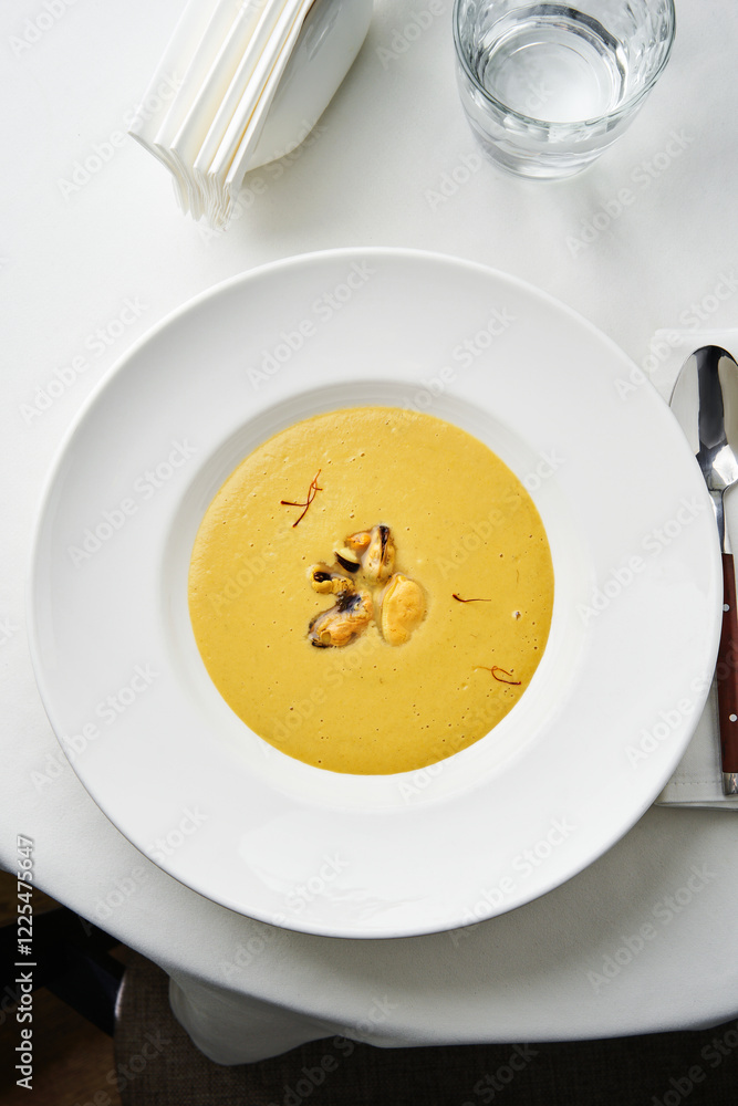 A beautiful presentation of Creamy Mussel and Saffron Soup. This dish is served in an elegant dining atmosphere, showcasing culinary artistry A beautiful presentation of Creamy Mussel and Saffron Soup. This dish is served in an elegant dining atmosphere, showcasing culinary artistry