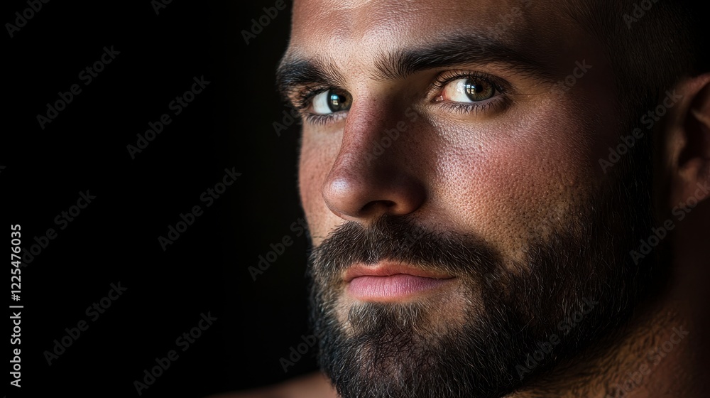 Obraz premium Dramatic low-key portrait with striking rim light, emphasizing subject's features, rich detail and creative expression through controlled lighting.